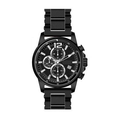 China Chronograph OEM wrist fashion alloy case with bezel 46 mm low MOQ silver black man silicon band multifunction chronograph quartzwatch for sale