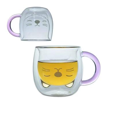 China Wholesale 280ml Kitten Viable Creative Double-Layer Shape High Borosilicate Glass Tea Cup With Wall And Coffee Cup With Handle for sale