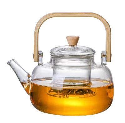 China High Handle Chinese Glass Bamboo Borosilicate Teapot Stored Heat Resistant Glass Teapot for sale