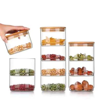 China Wholesale High Borosilicate Glass Storage Tank Heat Resistant Glass Combo Bamboo Cover Sealed Tank Kitchen Food Storage Bottle Multilayer Storage Tank for sale