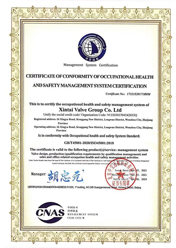 ISO 45001 - Xintai Valve Group Co., Ltd.