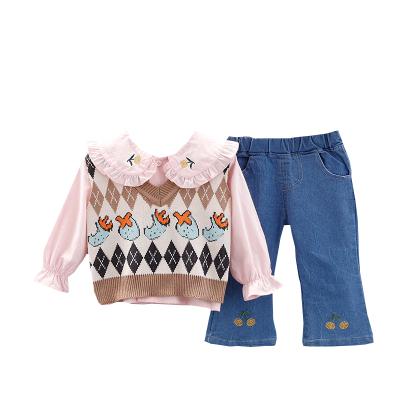 China 2021 1-5 Years Girls China Children's Lapel Stripe Three-Piece Set Casual Long Sleeve Vest Cute Set for sale