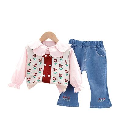 China 2021 casual made in china girls lapel cartoon three piece set 1-4 years long sleeveless cute lace vest set for sale