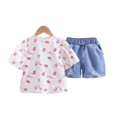 China Hot-selling high quality casual baby slim children's clothing 1-5 years old girls' jeans short-sleeved two-piece suit for sale