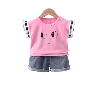 China Casual Made In China High Quality Girls Cute Printed Fit 1-5 Years Girls Short Sleeve Jeans Two Piece Set for sale