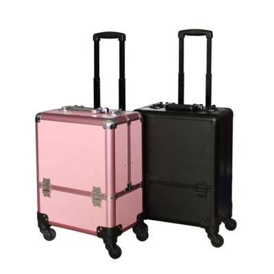 China Large Capacity Trolley Case Aluminum Makeup Rolling Make Up Professional Large Drawers Mirror Cosmetic Train Case for sale