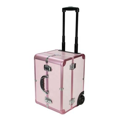 China Large capacity pull rod box aluminum alloy wheel cosmetic one-way storage box with cosmetic and hairdressing tool box for sale