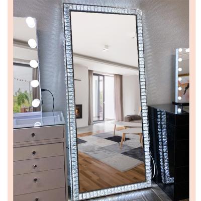 China Luxury Integral Silver Light Lit Crystal Mirror Decorative Rectangle Wall Metal Frame Mirror for Home-using for sale