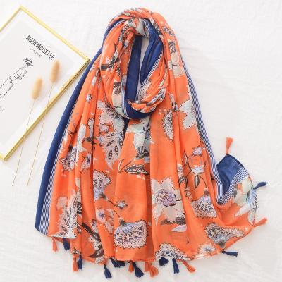 China Polyester Polyester Floral Print Scarves Fashion Women Printing Soft Long Wrap Tassel Scarf Beach Shawl for sale