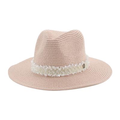 China M-Standard Spring And Summer Paper Straw Hat Striped Simple Elegant Sunscreen Shading Hat With Lace Panama 7.5cm Brim for sale