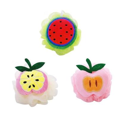 China EXFOLIATE Baby Kids Soft Shower Ball Cute Mesh Bath Loofah Sponge In Fruit Shape for sale