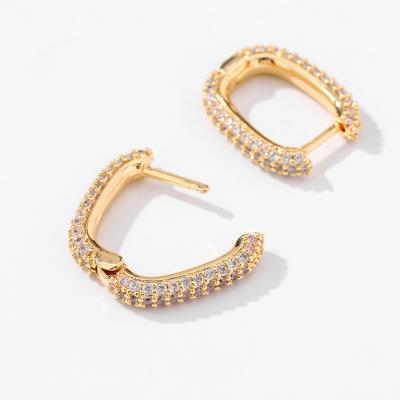 China Long Color Keeping Real 14k Gold Plated Brass Stud Diamond Stud Earrings U Shape Full Bling Zircon Circle Earrings for sale