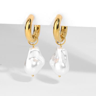 China TRENDY French Baroque Big Pearl Earrings Female Style Gold Plated Stainless Steel Huggies Earrings for sale