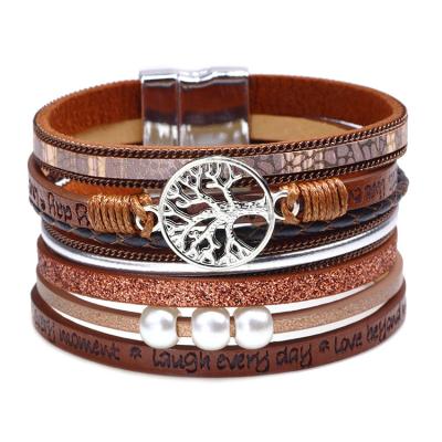 China New Style PU Leather Bracelet Women Fashion Life Letter Natural Pearl Tree Embossed Bracelet for sale