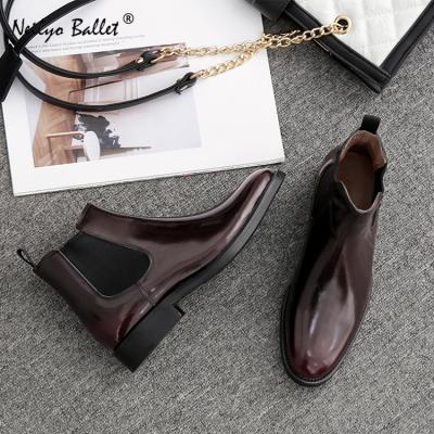 China Anti-Smell Wine Red Leather Booties Slip On Low Ankle Block Heel Boots Chelsea Style Women Boots for sale