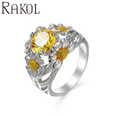 China Rakol ZR2279 Sun CLASSIC Golden Yellow Zircon Flower White Gold Wedding Engagement Rings for sale