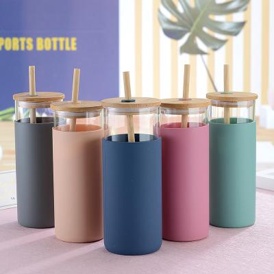 China Viable Bamboo Tumbler Tea Glass Water Bottle with Infuser 16oz 20oz and Bamboo Water Bottle Glass Straw Lid for sale