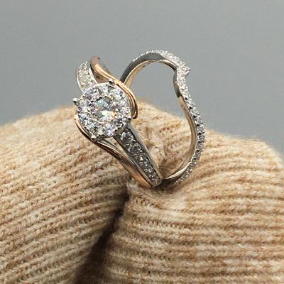 China Classic Jewelry CLASSIC Real 9k Rose Gold And Silver Round Cut Zircon Halo Couples Wedding Ring Set Jewelry for sale