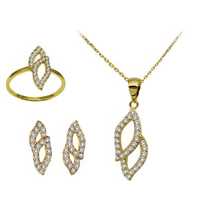 China New Vintage Real 18k Gold Hollow Leaf Studs Earring CZ Zircon Ear Ring Pendant Jewelry Set for sale