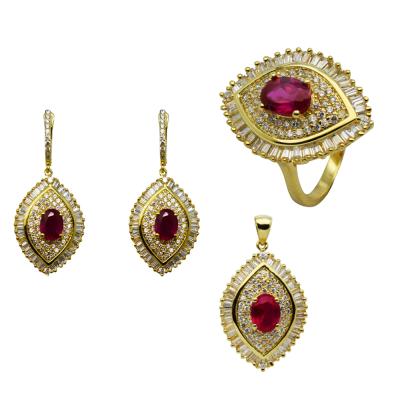 China Jewelry Set Ruby Zircon Gold Plated Jewelry Ethnic Fine Leaf Shaped 925 Sterling Women Earring Ring Pendant for sale