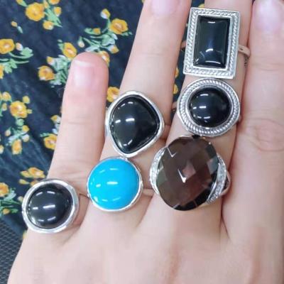 China Silver Men Ring Mexican Jewelry Black Stone Vintage Round Cord Agate Stone for sale