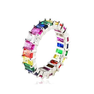 China CLASSIC Colorful Zircon Ring Eternity Rainbow Sapphire Real 925 Sterling Silver Jewelry for sale