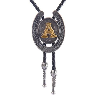 China Leather Bolo Necklace Fashion Creative Gold A Letter Alloy Horseshoe Buckle Bolo Necklace Rope Vintage Sweater Pendant Chain for sale