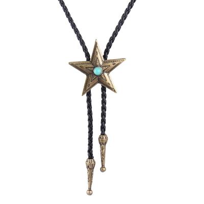 China Personality pine retro bolo necklace fashion accessories European and American black rope leather bolo star alloy woven pendant sweat for sale