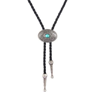 China European and American black rope leather bolo necklace fashion accessories black rope bolo leather woven bolo necklace pattern alloy pine stone leather antique cut oval switch for sale