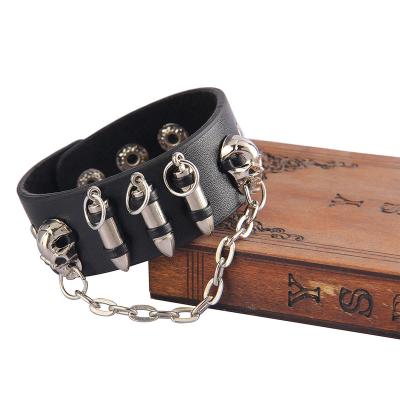 China Punk Exaggerated Ghost Retro Punk Head with Ribbed Bullet-Embellished Leather Bracelets with Metal Trim Ribbed Bracelets for sale