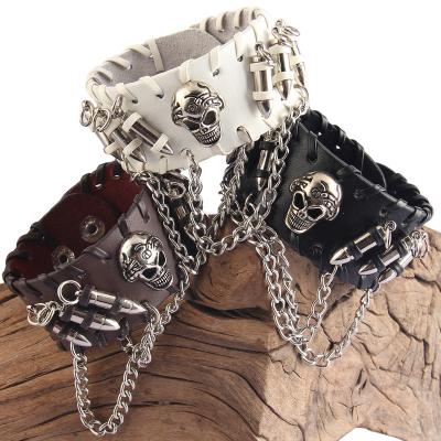 China PUNK GHOST RETRO punk exaggerated head with bullet chain decorative leather bracelets ribbed metal lace decorative ribbed bracelets for sale