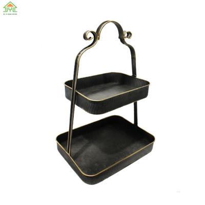 China Factory Antique Galvanized Iron 2 Tier Tray With Handle Wholesale Or Antique Serving Tray With Handles 33.5*33.5*44CM for sale