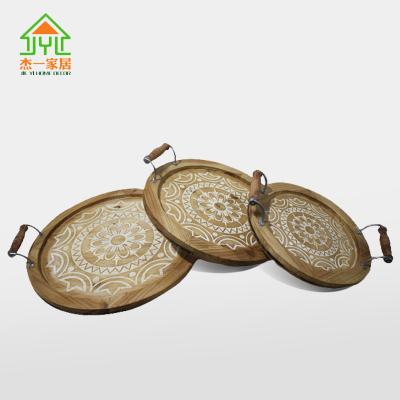 China Round shape wooden decoration serving tray 3 sets with handles L: 47.5*43*7CM for sale