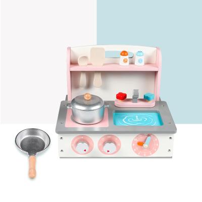 China Preschool children play kitchen set wooden toy with shipping fee low children's folding small simulation wooden kitchen toy for sale