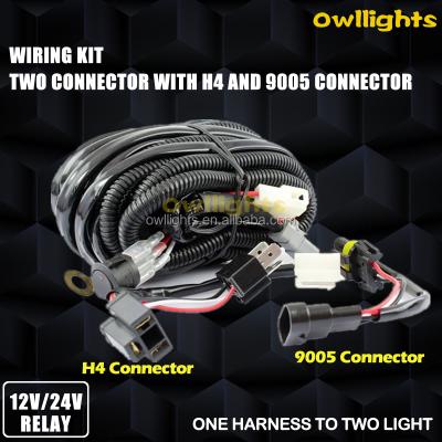 China Manufacturer 40A or 60A One Harness to Two Light Auto LED Light Bar Wire Harness Kits with H4 and 9005 Plug for sale