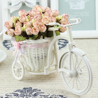 China Rattan Bicycle Vase With Silk Flowers Mini Rose Flower Bouquet Colorful Daisy Artificial Flores For Home Wedding Decoration HG2196 for sale