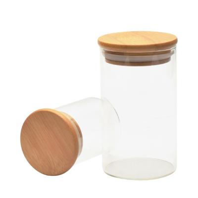 China 8oz Borosilicate Glass Jar Packaging Airtight Sealed Container With Wooden Bamboo Lid for sale