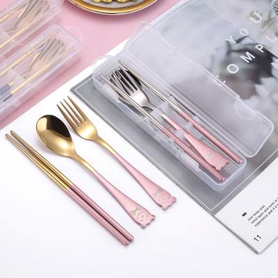 China Viable Gold Silver Tableware Set Stainless Steel Tableware With Cartoon Printing Handle Fork Spoon Cutlery Set Portable Transparent Box for sale