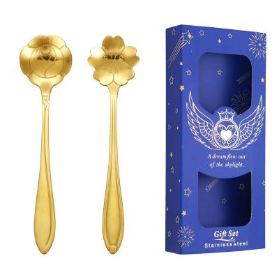 China Sakura Stainless Steel Spoon Golden Creative Viable Rose Coffee Spoon With Gift Box Wedding Souvenir for sale