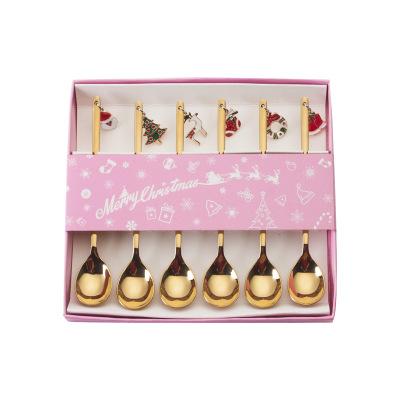 China Christmas Viable Popular Gift Creative Stainless Steel Coffee Stirring Spoon Souvenir Dessert Ice Cream Spoons Fruit Fork Gift Box for sale