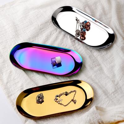 China Wholesale Viable Oval Stainless Steel Jewelry Tray Tea Fruit Dish Plate Cosmetics Jewelry Rolling Tray Organizer for sale