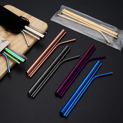 China Reusable Bent Straight Straw Set With Metal Drinking Straw 304 Stainless Steel Colorful Straws Reusable Stripper Brush Bar Party Accessory for sale