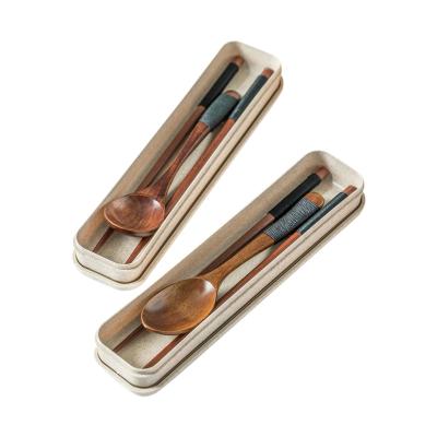 China Viable Japanese Style Wooden Spoon Cutlery Set Convenient Student Children's Chopsticks Spoon Reusable With Cutlery Box for sale