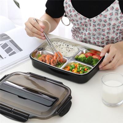 China Sustainable Plastic 304 Stainless Steel 3/4 Compartment Bento Lunch Box Custom Logo Printed With Cutlery for sale