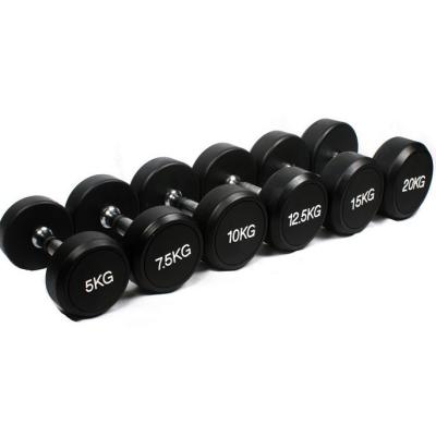 China Hot Selling Round Shape Gym Fitness Equipment 20kg Rubber Coated Round Head Dumbbell For Sale for sale