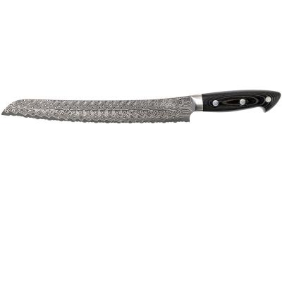 China New Direct Sales Sustainable Metal Material Damascus Blade Fixed Checkers Grill Only Wavy Edge Bread Knife for sale