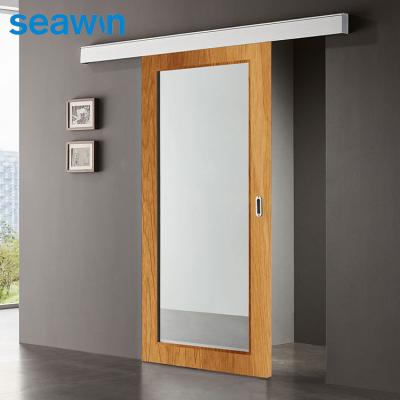 China Wholesale Windproof Wood Frame Tempered Glass Single Sliding Barn Doors for Home for sale