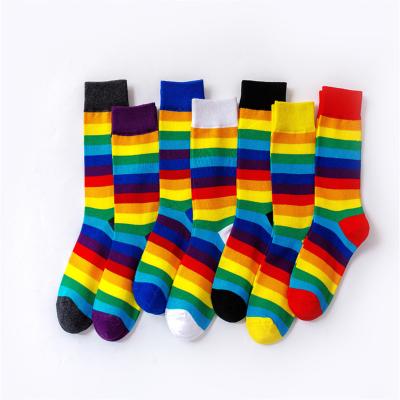 China New Arrival Rainbow Striped Pattern Cotton Antibacterial Colorful Breathable 100% Dress Socks Unisex Crew Socks for sale