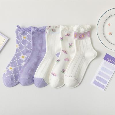 China Factory Outlet Comfortable Women's Cozy Socks Cotton Socks Fashion Purple Flower Socks for sale