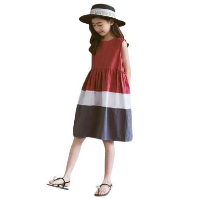 China Washable Girls Dress Girls Three-color Patchwork Sleeveless Skirt Kids Summer Pleat Long Dresses for sale